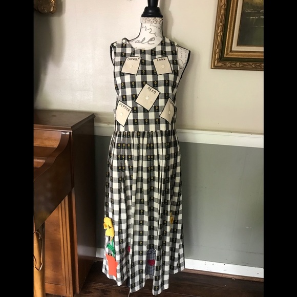 Rare Vintage Handmade Sunflower Tea Pot Cotton Gingham Calico Embroidered Dress - Picture 1 of 14